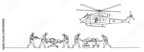 helicopter medevac operation with wounded soldiers – clean line vector illustration