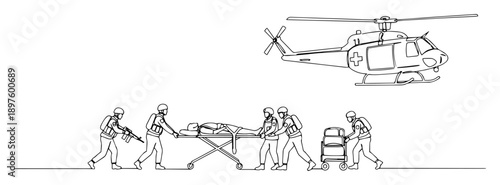 helicopter medevac team with wounded soldier – clean vector outline
