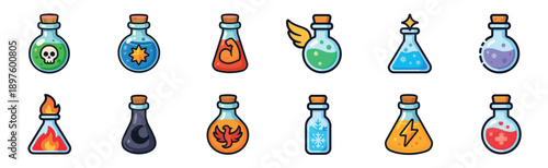 Set of twelve magic potion bottle icons with various colorful elixirs like poison, strength, mana, and health, illustrated in a cute cartoon style for a fantasy game