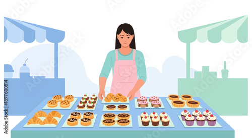 Confectionery Stall Display With A Baker Arranging Freshly Baked Goods And Pastries