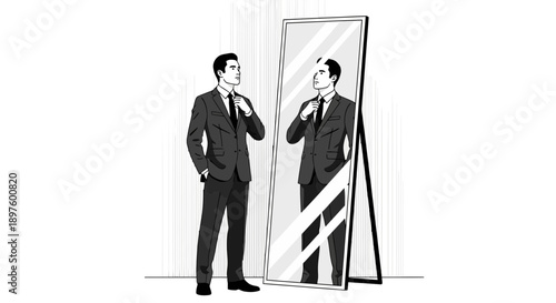 Confident Businessman Admiring His Reflection In A Full Length Mirror