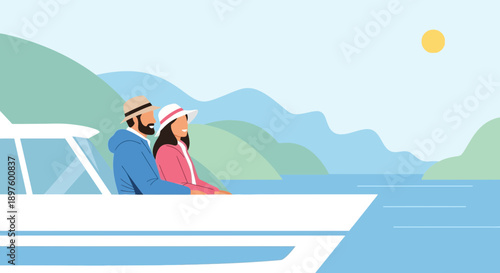 Couple Enjoying Scenic Boat Ride Through Serene Waters