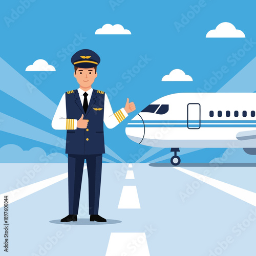 Confident Pilot Ready For Takeoff Alongside Commercial Aircraft On Runway