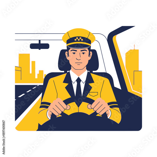 Confident Taxi Driver Navigating Urban Streets Yellow Uniform