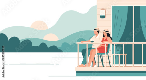 Couple Enjoying Serene Lakeside Vista From Their Modern Balcony
