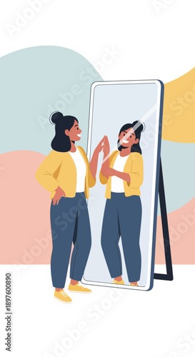 Confident Woman Sees Her Best Self In The Mirror Reflection