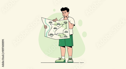 Confused Man Studying Navigation Map Planning Journey Route Finding Direction