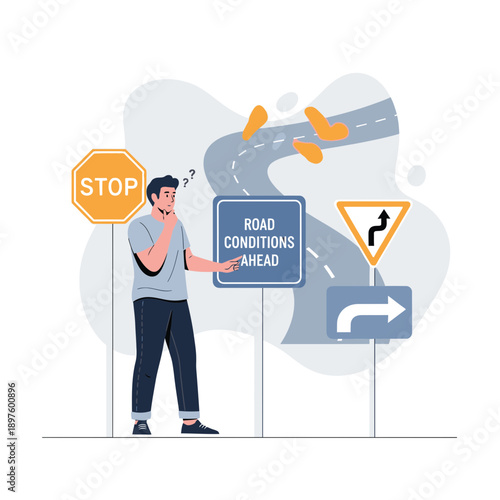 Confused Driver Facing Multiple Road Signs and Uncertain Journey Ahead