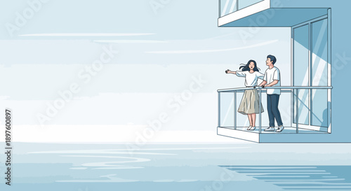Couple Enjoying Serene Balcony View Over Calm Waters