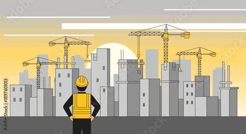 Construction Worker Overseeing Urban Development Project At Sunrise