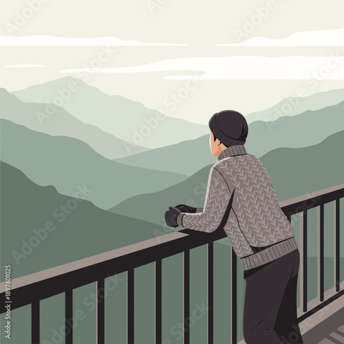 Contemplative Figure Gazing At Serene Mountain Vista