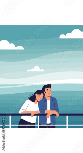 Couple Enjoys Serene Ocean View From Ship Deck Under Cloudy Sky