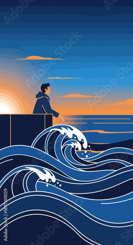Contemplative Figure Gazing At Sunrise Over Dynamic Ocean Waves