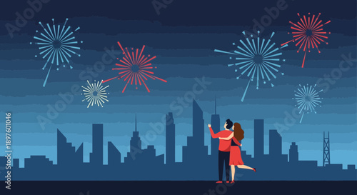 Couple Enjoys Vibrant Fireworks Display Above City Skyline Silhouette