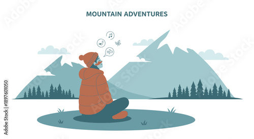 Contemplative hiker enjoys peaceful mountain landscape scene