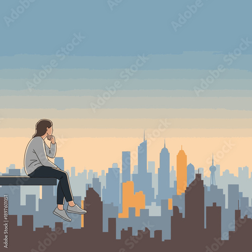 Contemplative Figure Overlooking Expansive Cityscape At Dawn