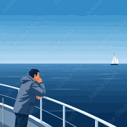 Contemplative Man Gazing At Distant Sailboat On Vast Ocean Expanse