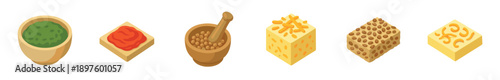 Isometric food and ingredient vector icon set with cheese, butter, pesto, tomato sauce, and spices in a mortar and pestle for culinary graphic design elements