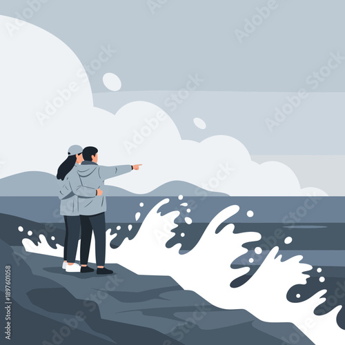 Couple Gazing At Ocean Waves On A Gloomy Day
