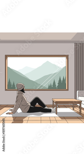 Contemplative Individual Gazing At Serene Mountain Panorama From Cozy Interior