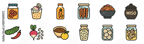 Collection of colorful fermented food icons featuring pickled vegetables, kimchi, and miso in jars and bowls, presented in a clean, minimalist line art illustration style