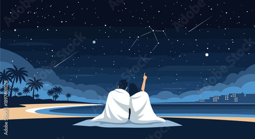 Couple Gazing At Starry Night Sky Over Tropical Beach Landscape