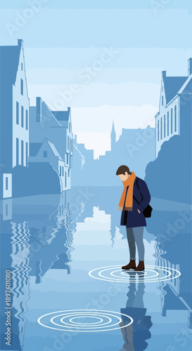 Contemplative Man Standing In Water Reflecting Cityscape Buildings Serene Mood