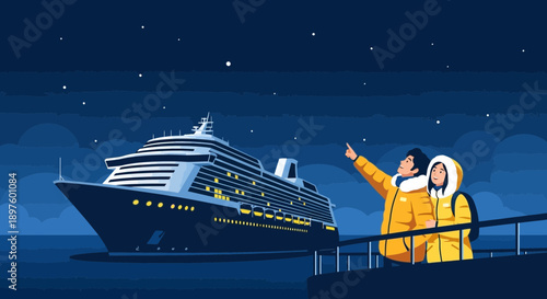 Couple Gazing At Stars From Cruise Ship Deck At Night