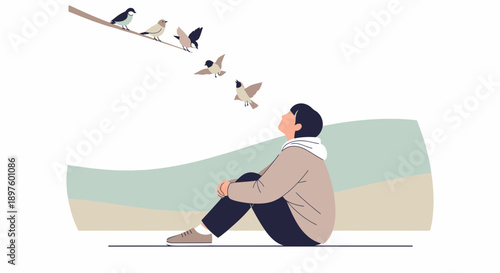 Contemplative Person Gazes Up At Birds In Flight Serene Outdoor Scene