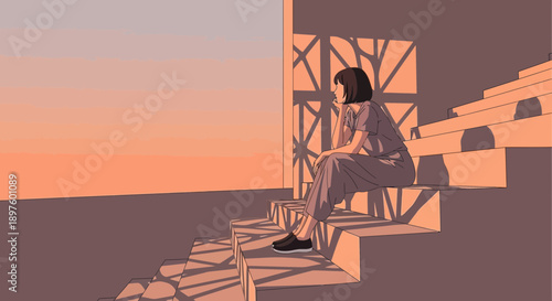 Contemplative Solitude On A Warm Evening Staircase