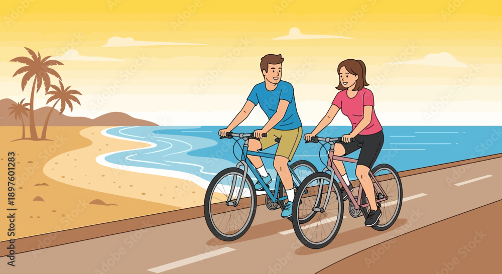 Obraz premium Couple Cycling Along Scenic Beach Pathway Tropical Paradise Adventure