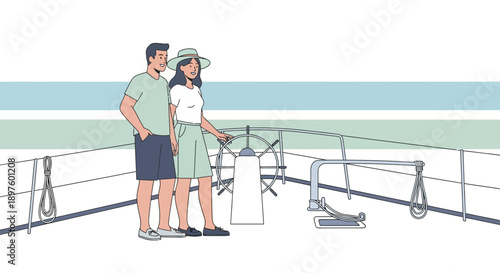 Couple Navigating Waters Together On A Modern Sailboat Adventure