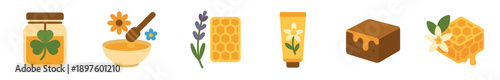 Collection of honey and apiculture icons featuring a jar with clover, honeycomb, dipper, flowers, and natural cosmetic products in a flat design