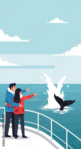 Couple Observing Majestic Whale Tail Splash From Boat Deck Serene Ocean