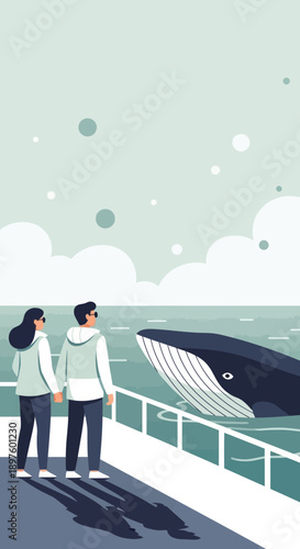 Couple Observing Majestic Whale In Coastal Marine Ecosystem Adventure