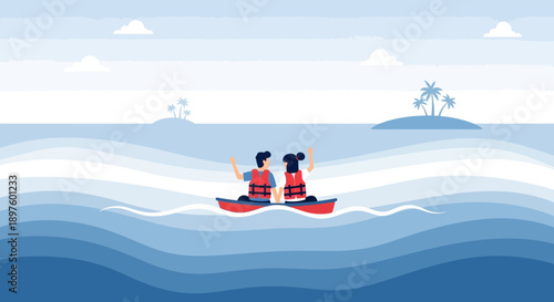 Couple Canoeing Towards Tropical Islands Under Cloudy Skies