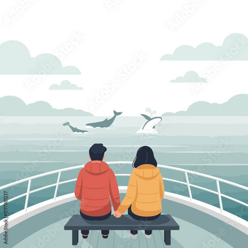 Couple Observing Whales Breaching From Boat Deck Scenic Ocean Wildlife Encounter