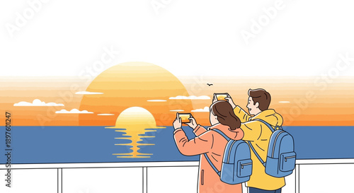 Couple Capturing Sunset Memories At Sea With Smartphones