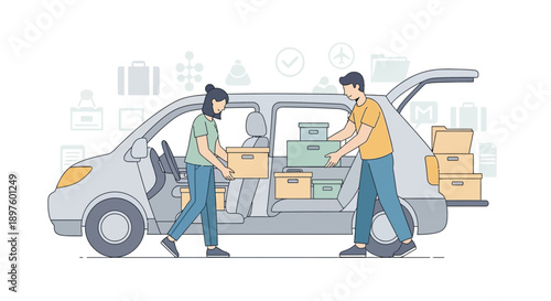 Couple Packing Belongings Into Vehicle For Relocation Or Travel