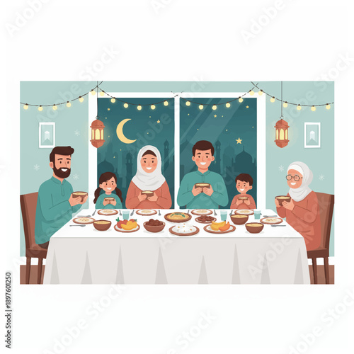 A joyful multi-generational family gathering for a special evening meal, celebrating unity and tradition with delicious food and a warm, festive ambiance during a cultural holiday