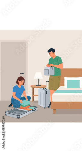 Couple Packing Suitcases For Vacation Preparation In Bedroom