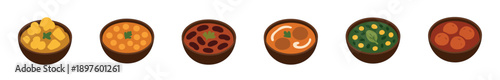 Collection of six illustrated bowls of traditional Indian curry dishes in a row, showing a variety of colorful ingredients like lentils, beans, and vegetables in a flat vector style