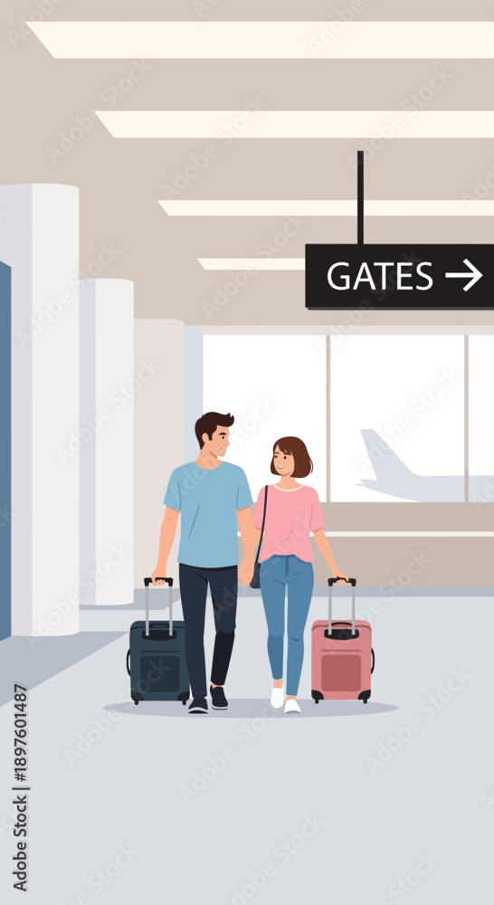 Obraz premium Couple Walking With Luggage Towards Airport Gates For Travel Adventure