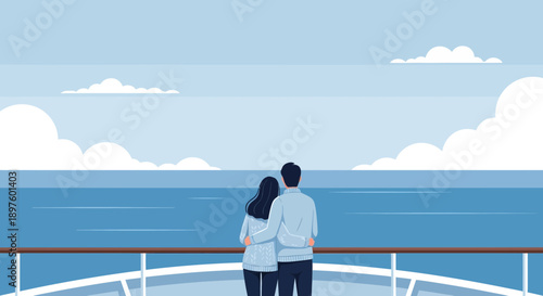 Couple Embracing On Cruise Ship Deck Watching The Ocean View