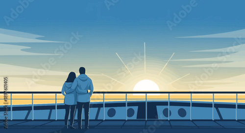 Couple Embracing Ocean Sunrise From Cruise Ship Deck