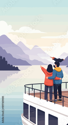 Couple Embracing Scenic Mountain Lake Cruise Adventure