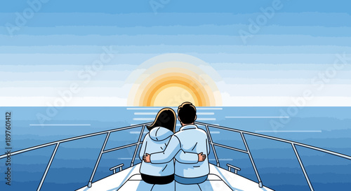 Couple Embracing On Yacht Deck Watching A Serene Sunrise Over Calm Sea Waters