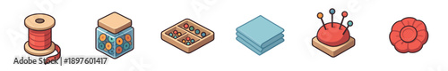 Sewing and needlework supplies icon set featuring a thread spool, buttons, fabric, and a pincushion in a colorful isometric cartoon illustration style