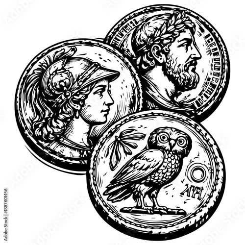 Black and white vintage engraved illustration of three ancient coins with classical profile portraits and an owl emblem, detailed numismatic line art isolated.