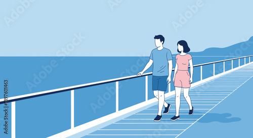 Couple Enjoying A Seaside Stroll Along A Modern Boardwalk